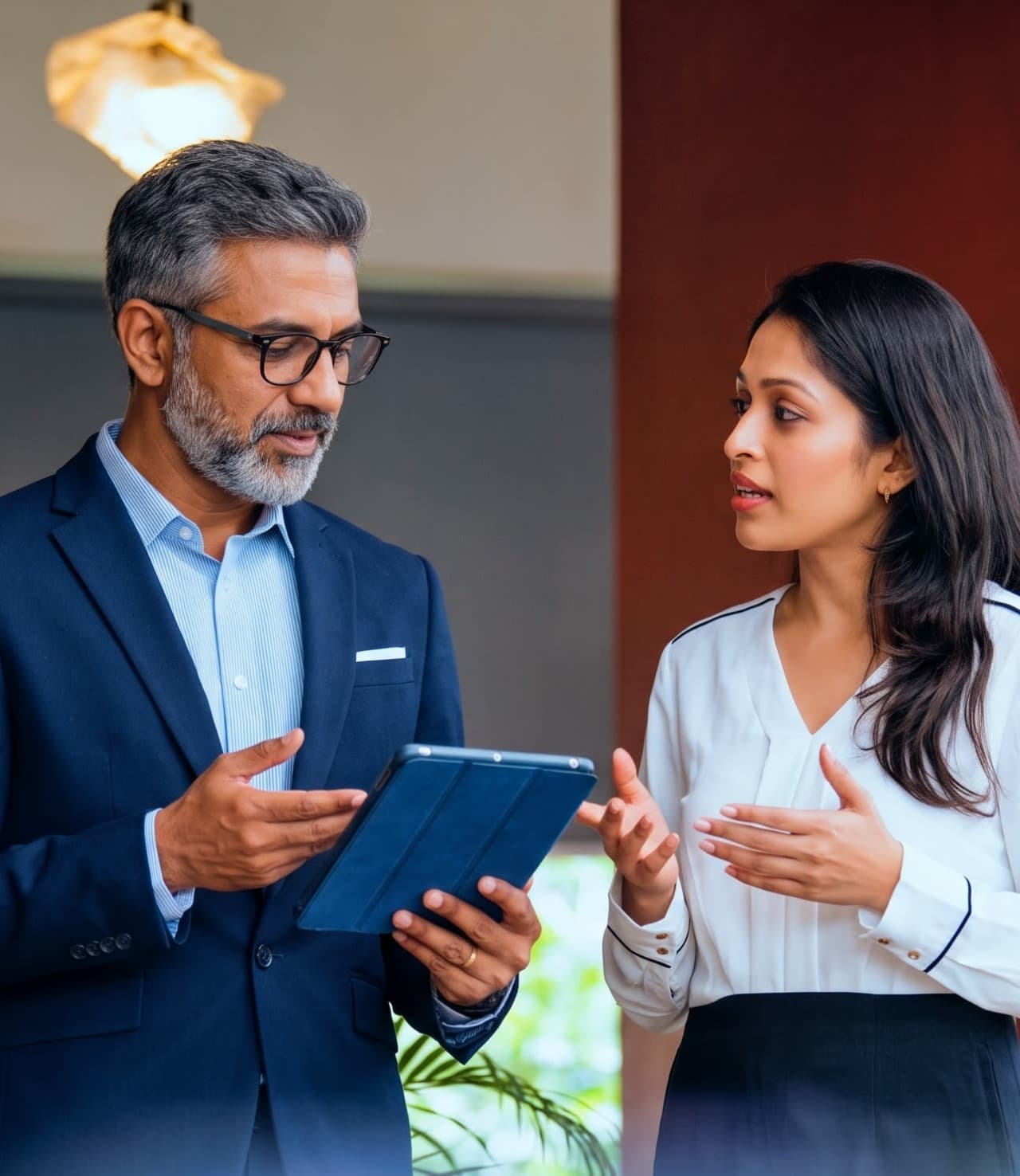 Business professionals discussing work with a tablet